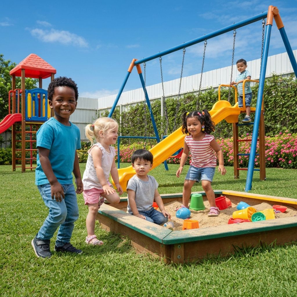 Diverse group of happy children playing and learning